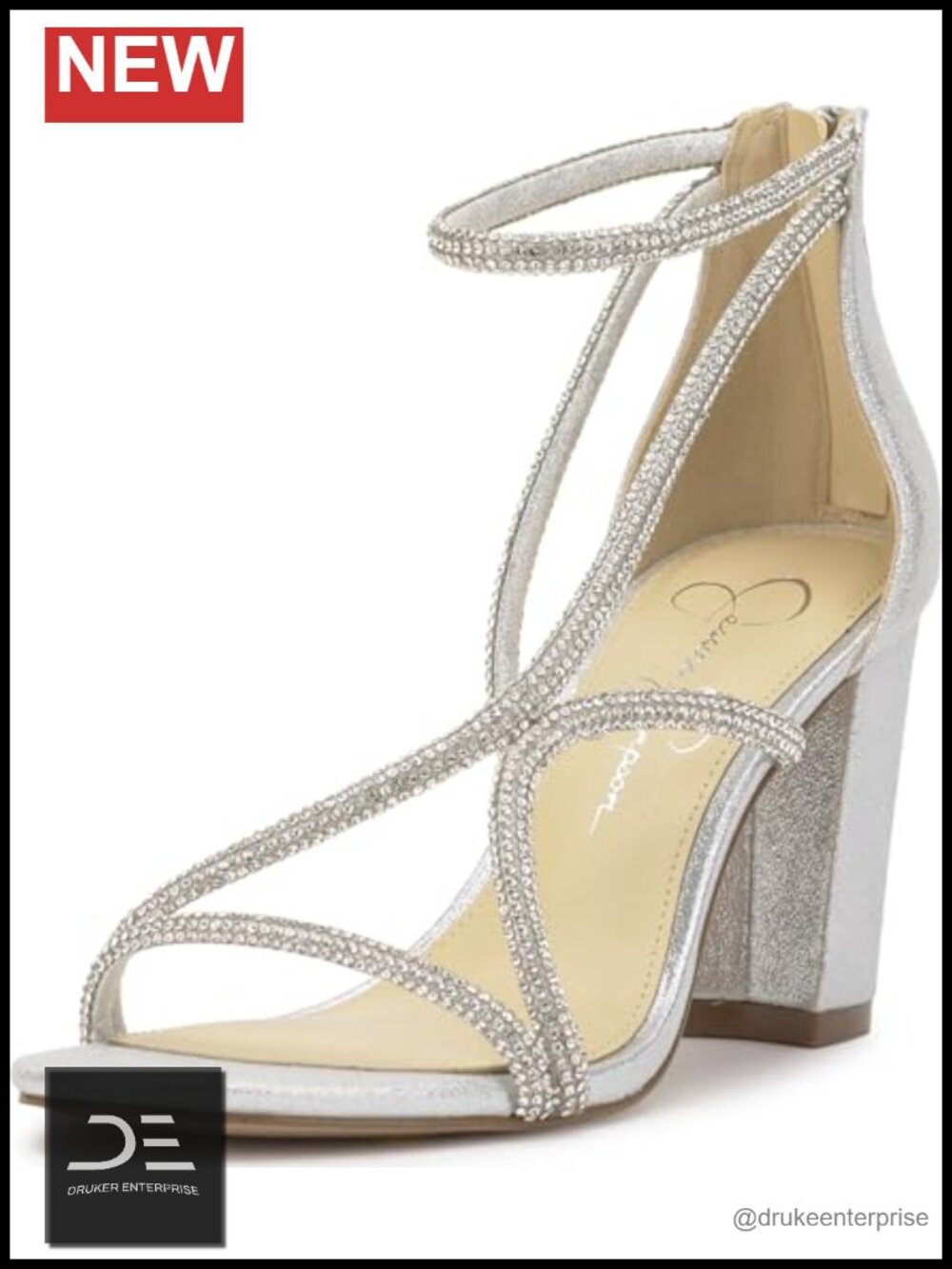 Jessica Simpson Shiny Block Heel Sandals Ankle Strap Open Toe Polyester